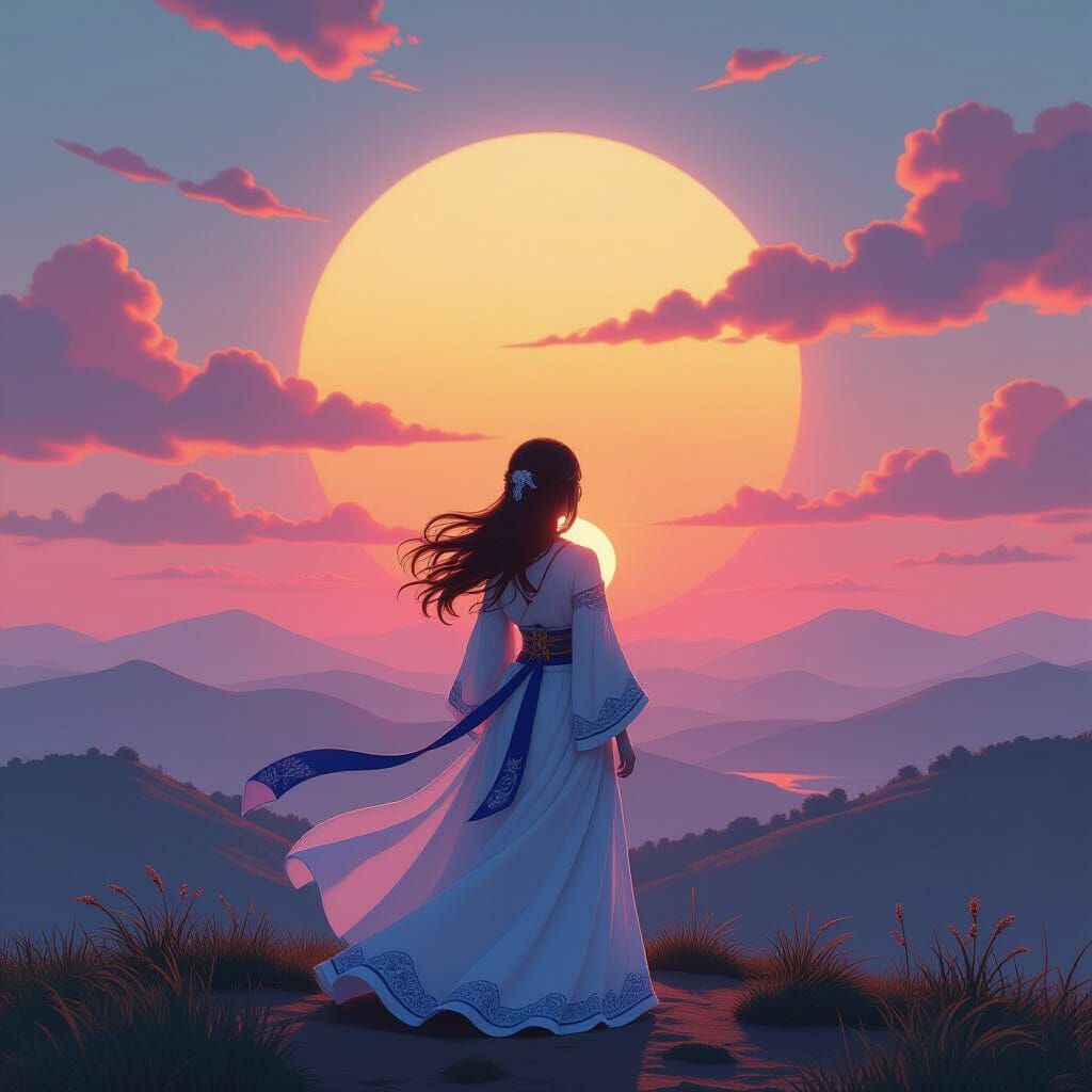 Blue Girl Gazing at Sunset: Anime Concept Art