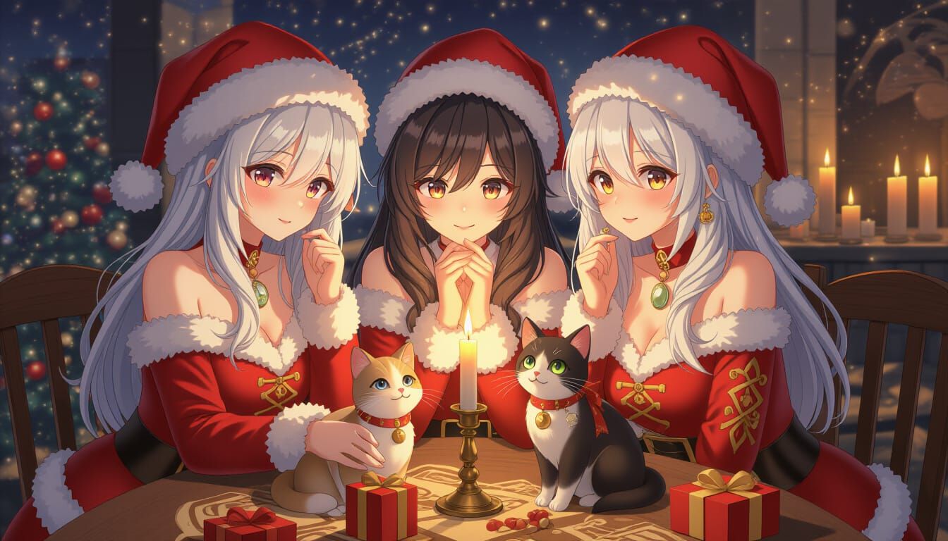 Beautiful Women in Santa Hats with Cats and Candles
