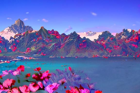 Mountain Meets Sea: A Floral Landscape in Matte Painting Sty...