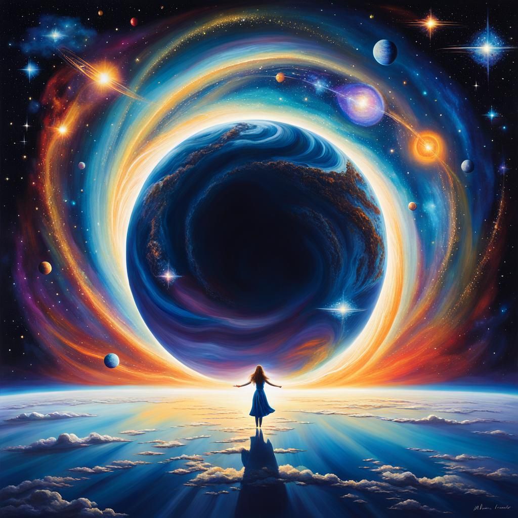 Woman Embodies Universe in Conceptual Painting