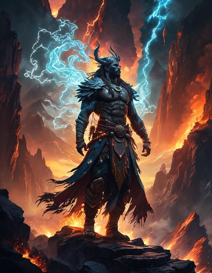 Epic Fantasy Hero Controls Elements in Cosmic Landscape