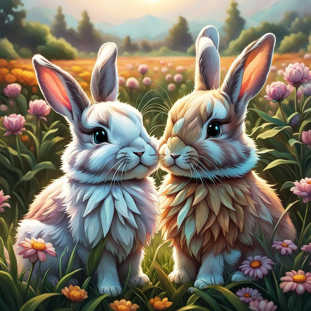 Chibi Cottontail Rabbits in Field: Graphic Art