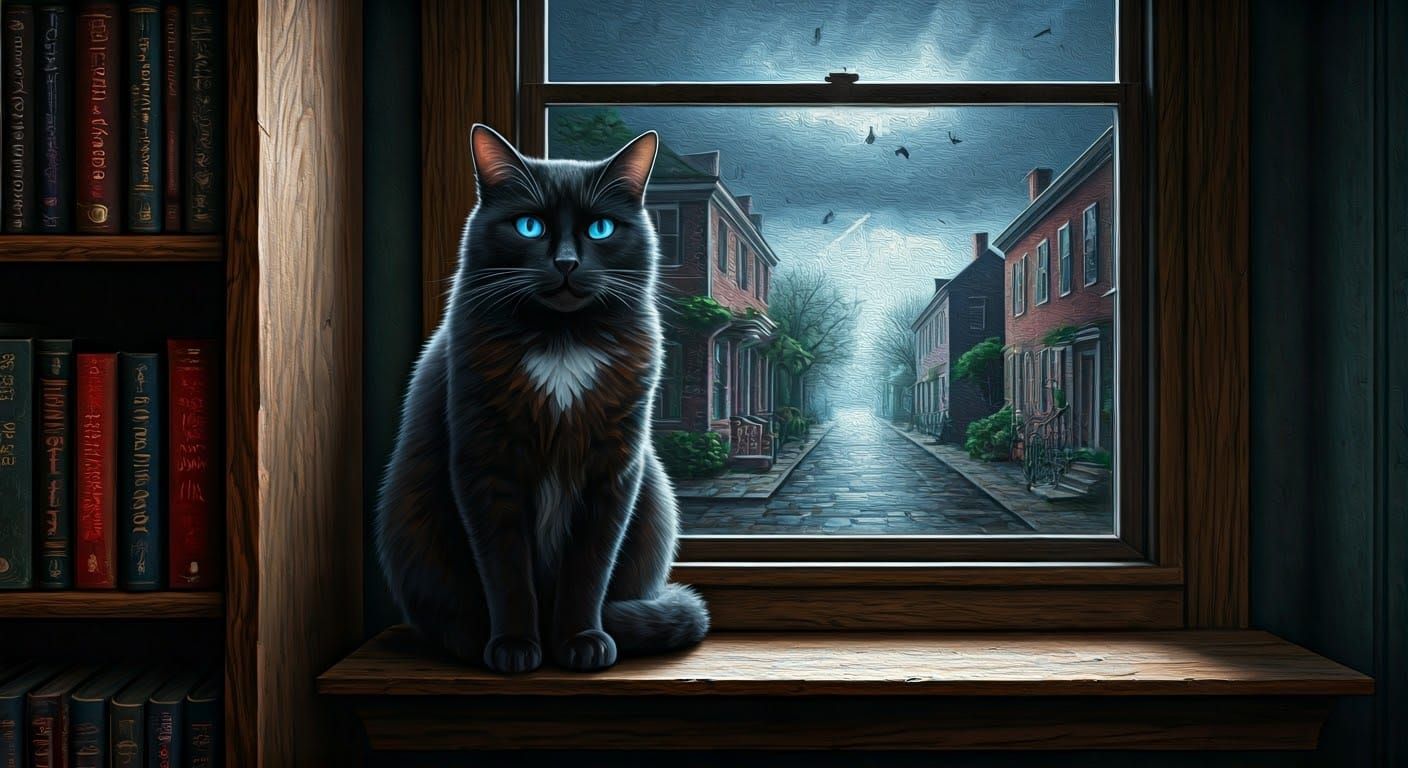 Mysterious Black Cat in Stormy New England Scene