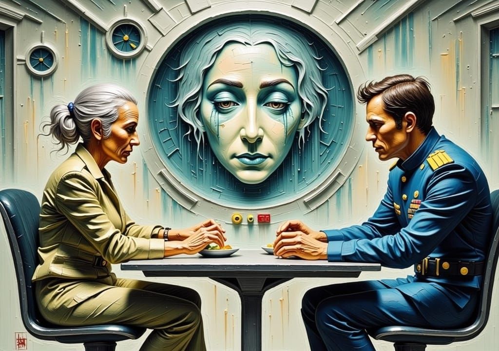 Elderly Woman in Futuristic Military Setting, Moebius Style