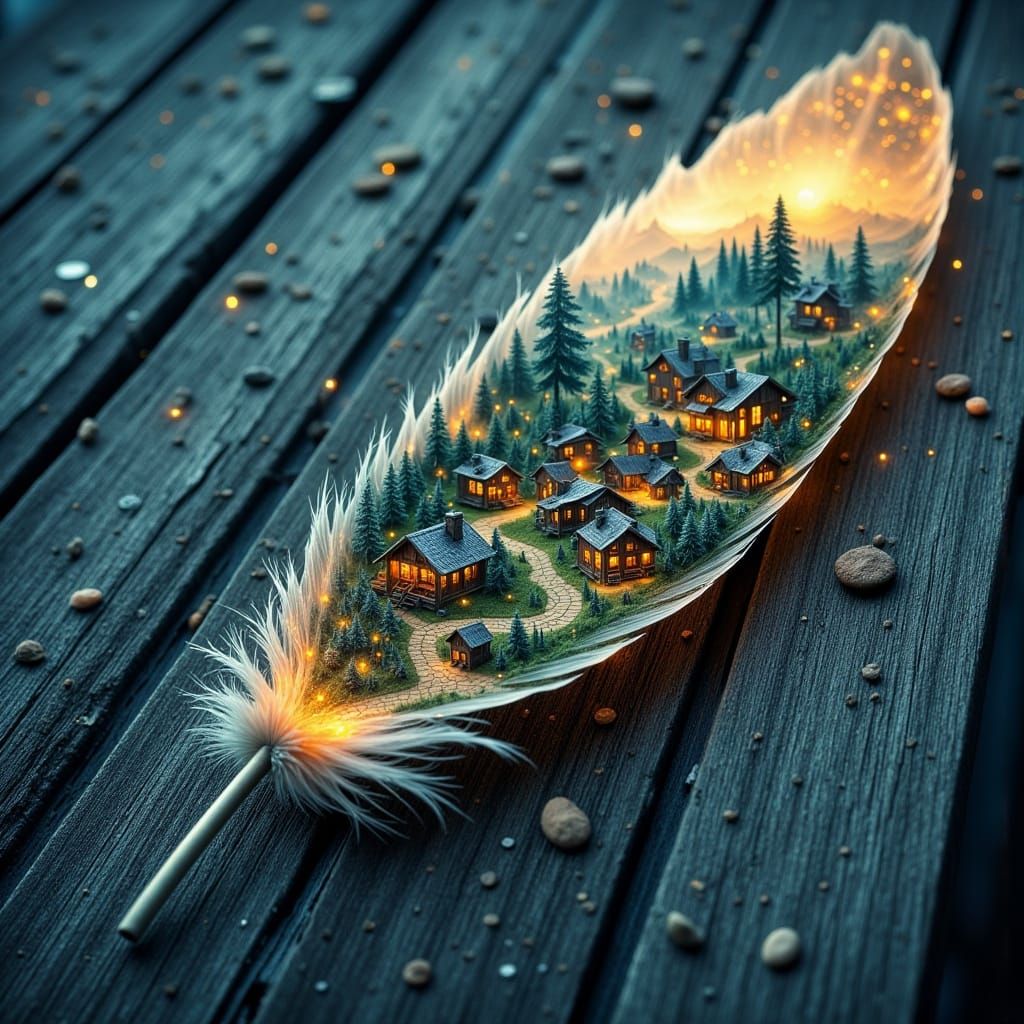 Glowing Village Inside Feather in Hyper-Realistic Style