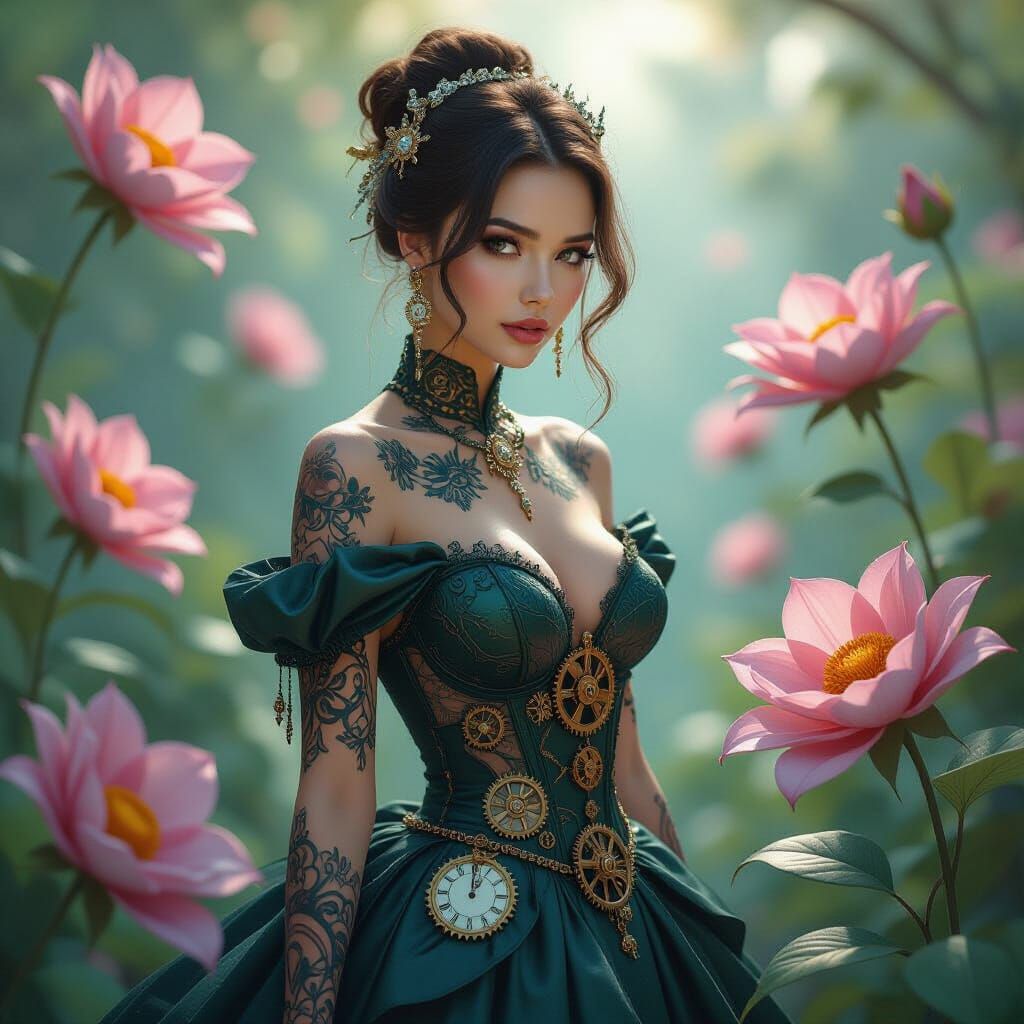 Clockwork Woman in Surrealist Garden, Digital Art