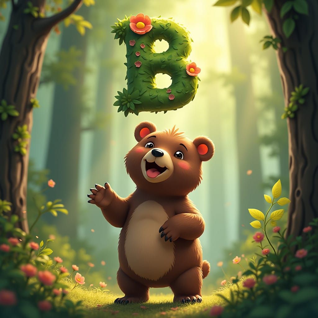 Lush Forest Scene with a Playful Brown Bear and Whimsical Le...