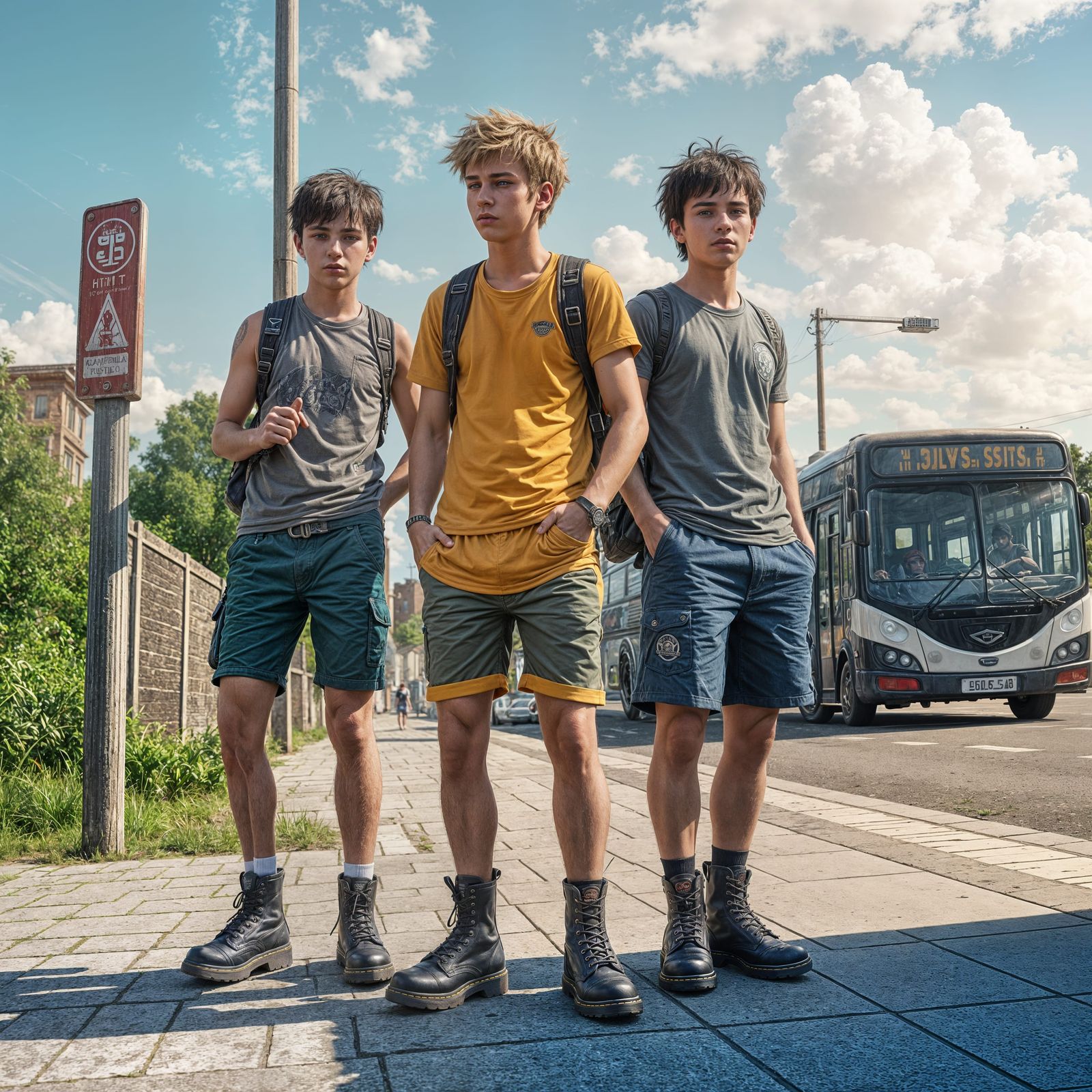 Young Men Wait for Bus: Detailed Matte Painting