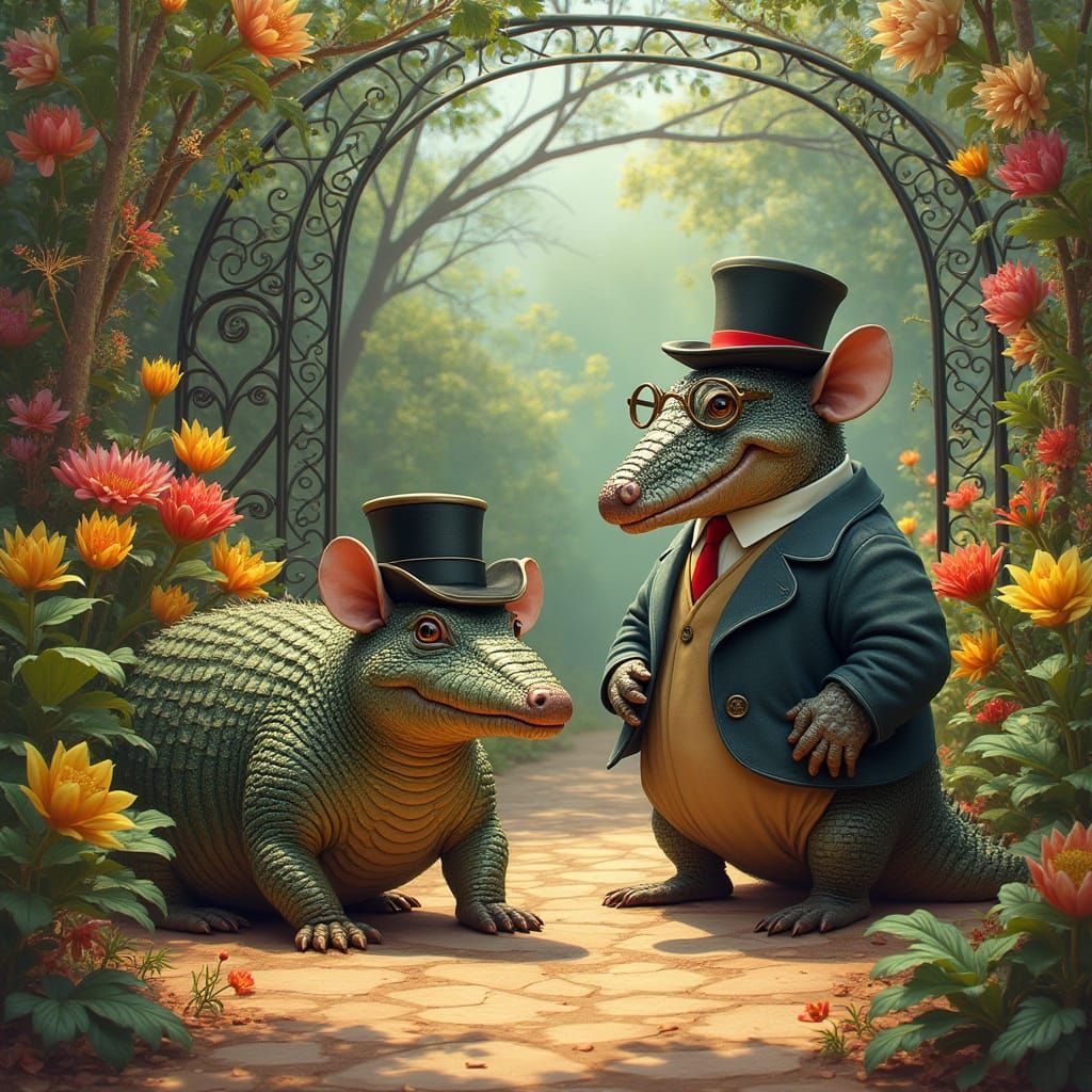Miniature Armadillos in Argentine Garden, Art Nouveau Style