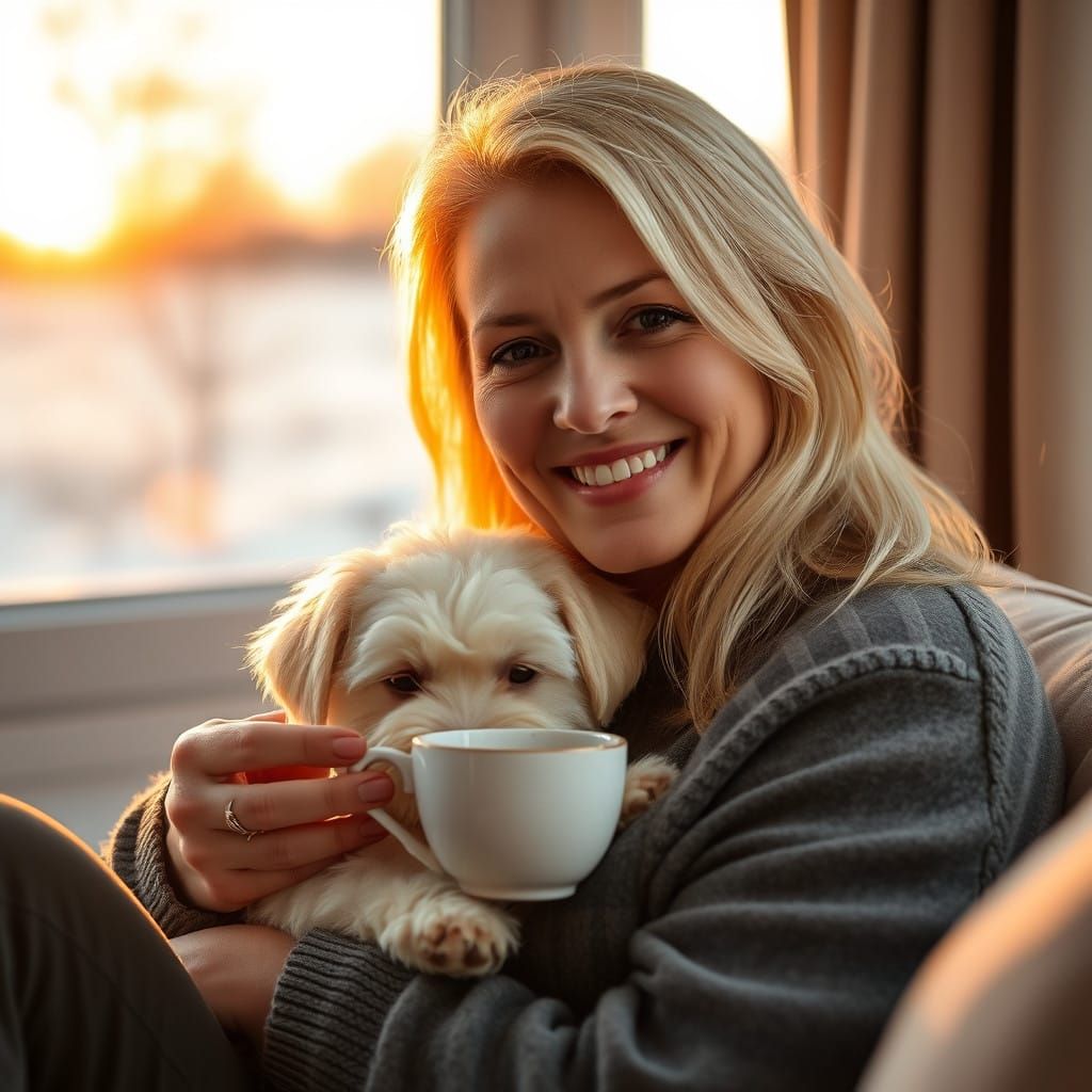 Warm Winter Portrait of a Happy Woman and Her Small White Do...