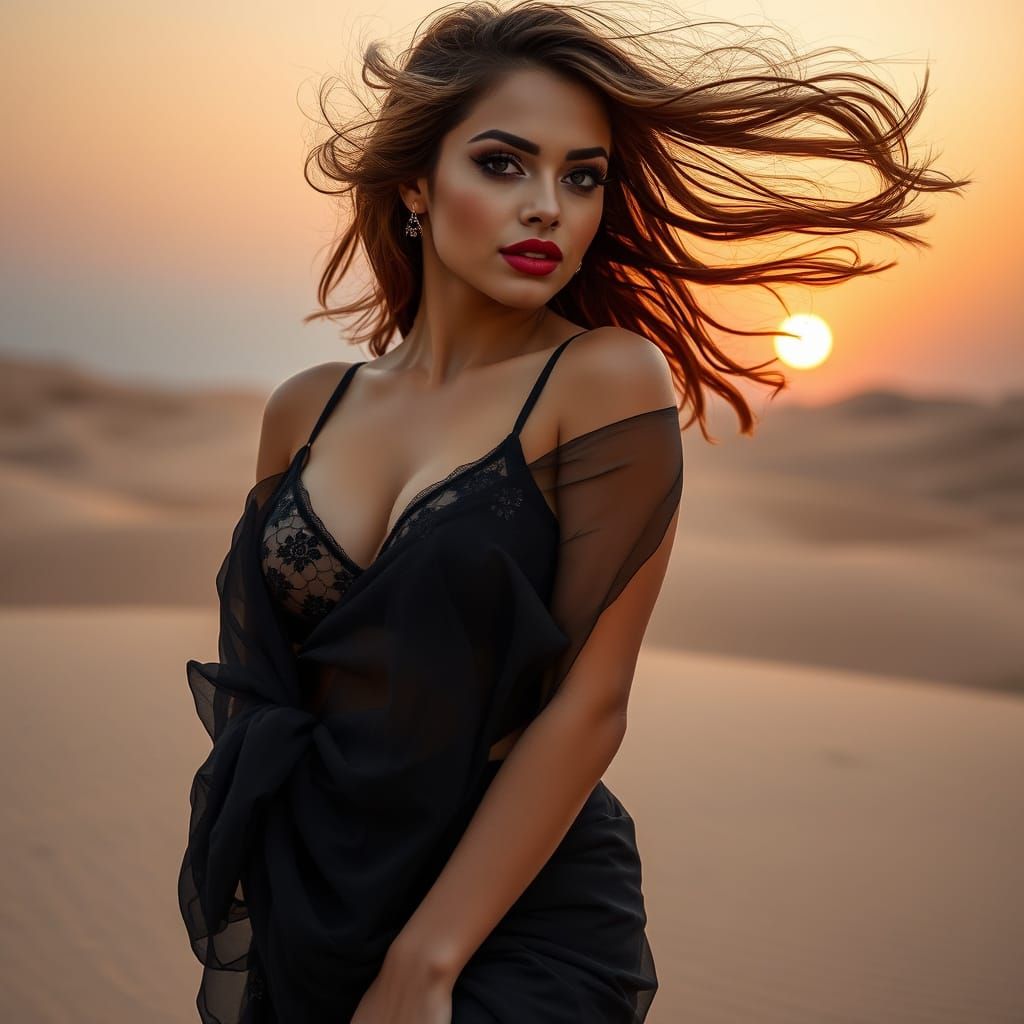 Elegant Woman in Black Saree with Flattering Sunset Backgrou...