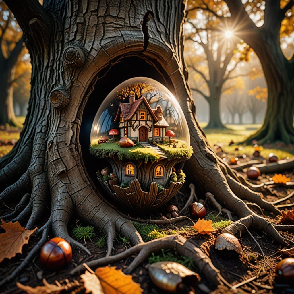 Hyperrealistic Village Inside an Acorn