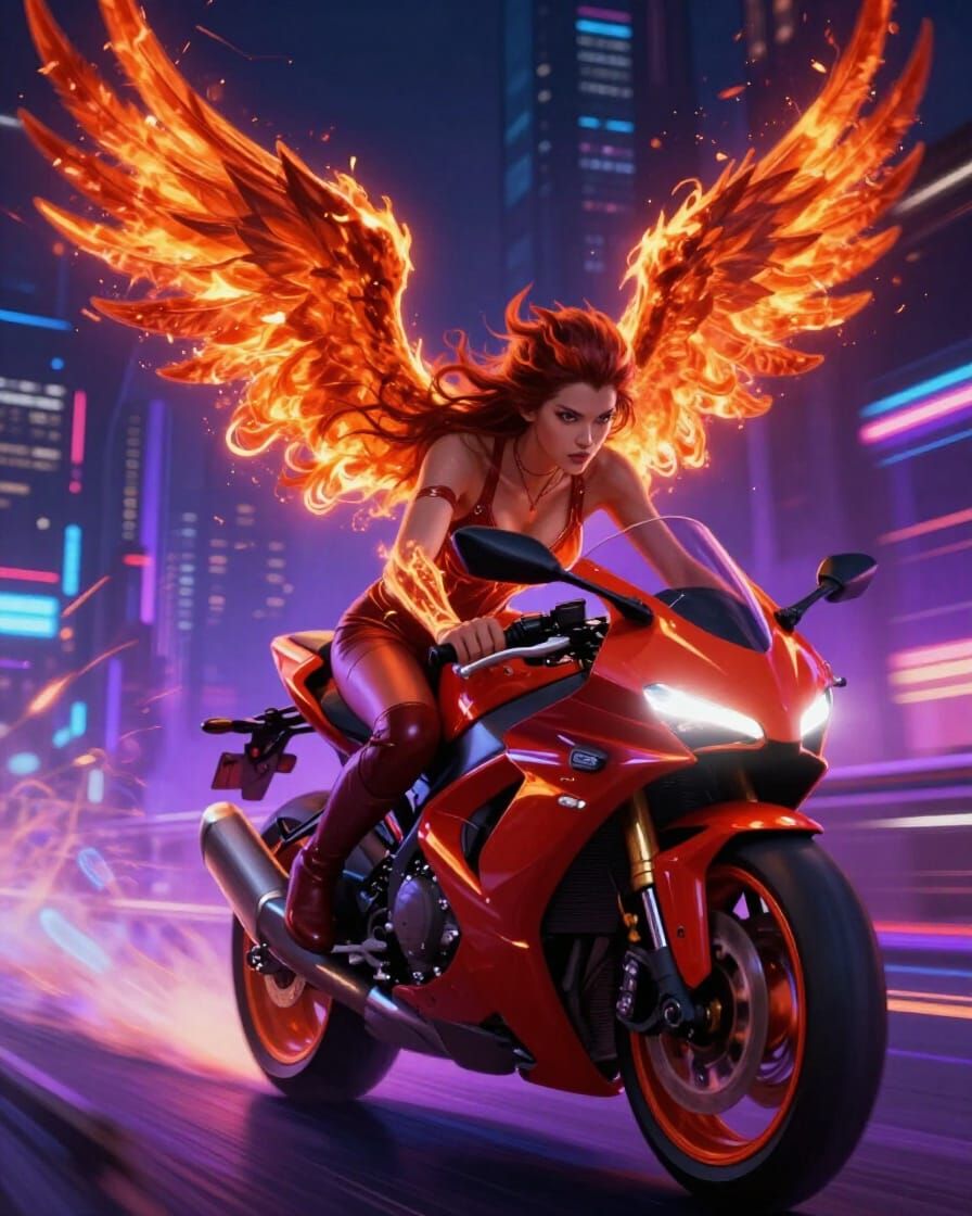 Cyberpunk Woman on Motorbike with Fiery Phoenix Wings