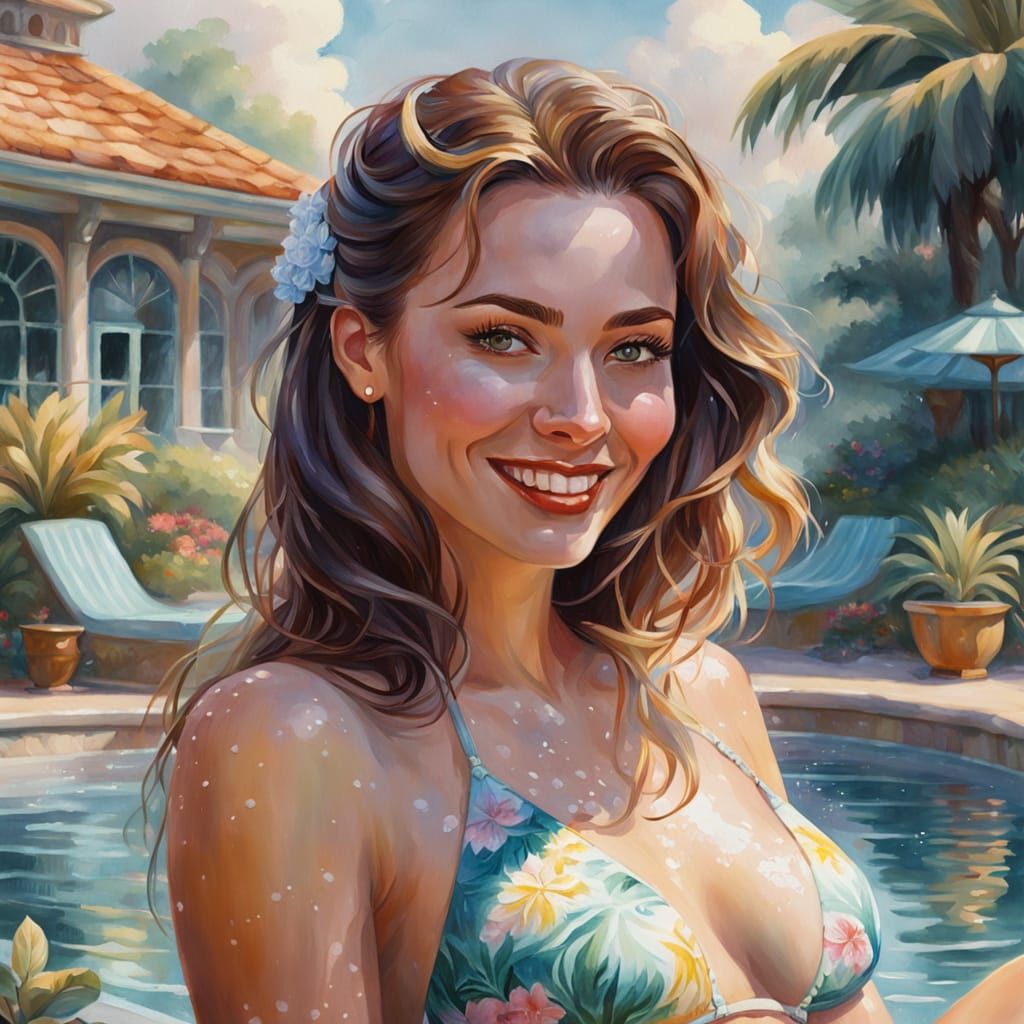 Woman in Bikini at Pool in Gouache Style