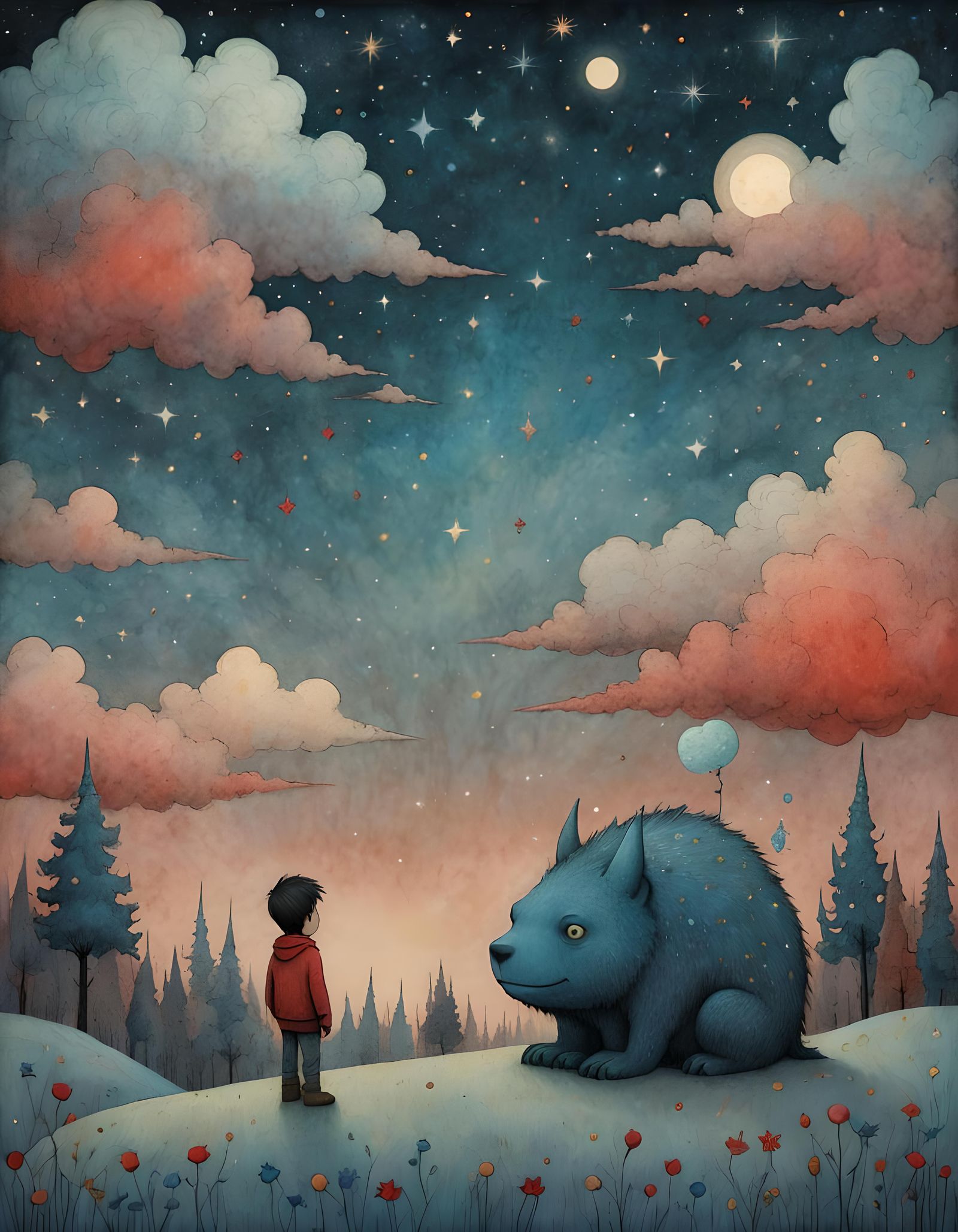 Dreaming Boy with Monsters in Starry Sky