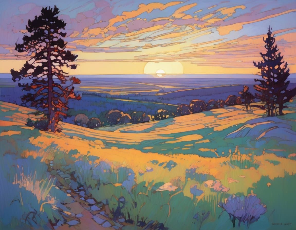 Sweeping Prairie Landscape Painted in Vibrant Sunset Colors
