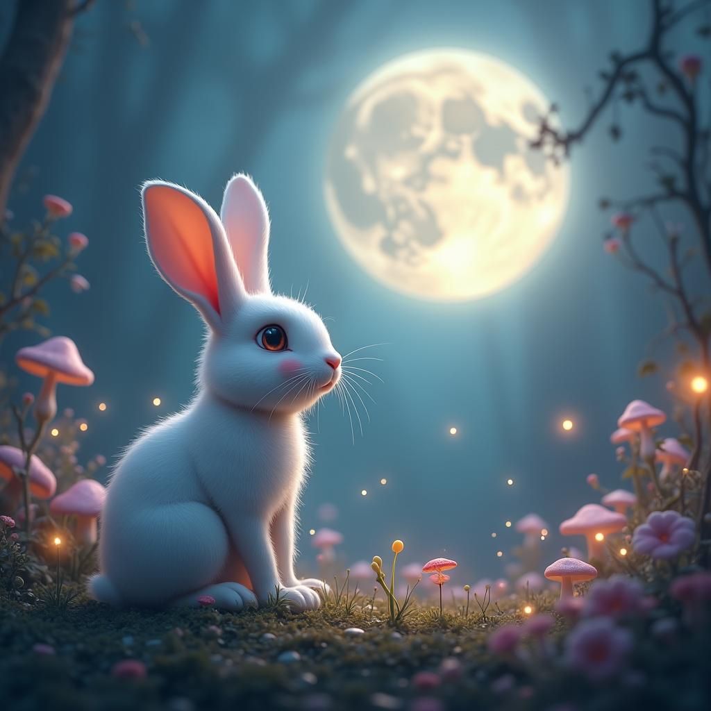 Enchanted Rabbit Gazing at Moon, Digital Matte Painting