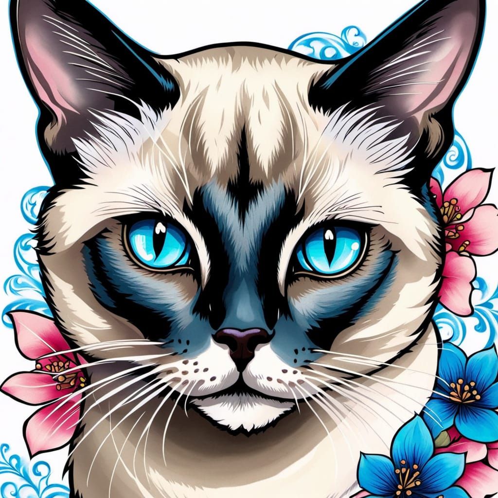 Siamese Cat Portrait in Neo-Traditional Tattoo Style