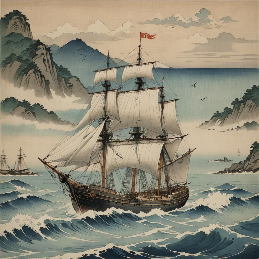 Sailing Ship in Nishiki-e Style Seascape