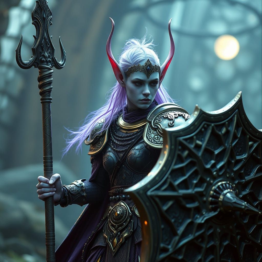 Ethereal Elven Paladin in Mithral Armor, Wielding Web-Shaped...