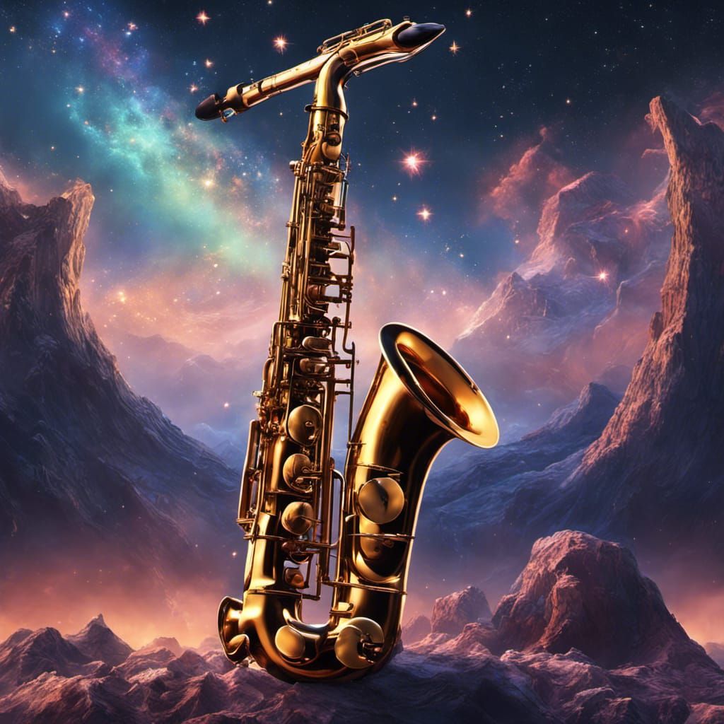 Paint a celestial landscape where saxophones replace stars in the night sky, creating a cosmic symphony of light and sou...