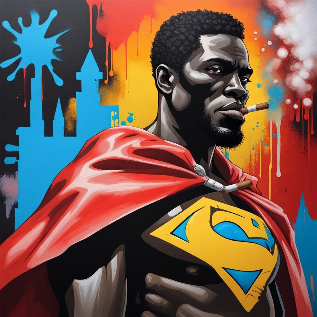 Black Superhero in Graffiti Art with Cigar
