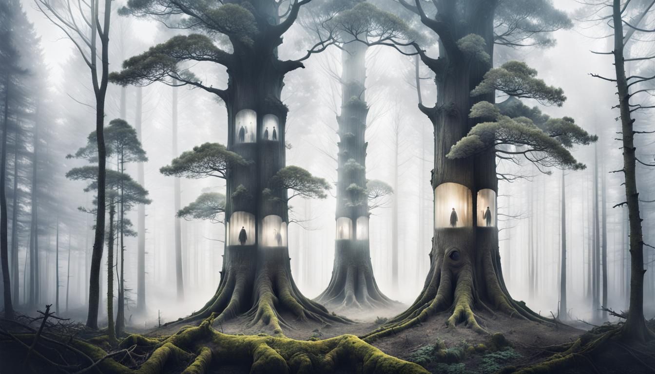 Ethereal Double Exposure: Figures in Woodland Spirits