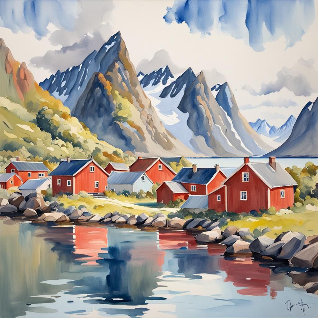 Lofoten Islands Fjords in Gouache Style