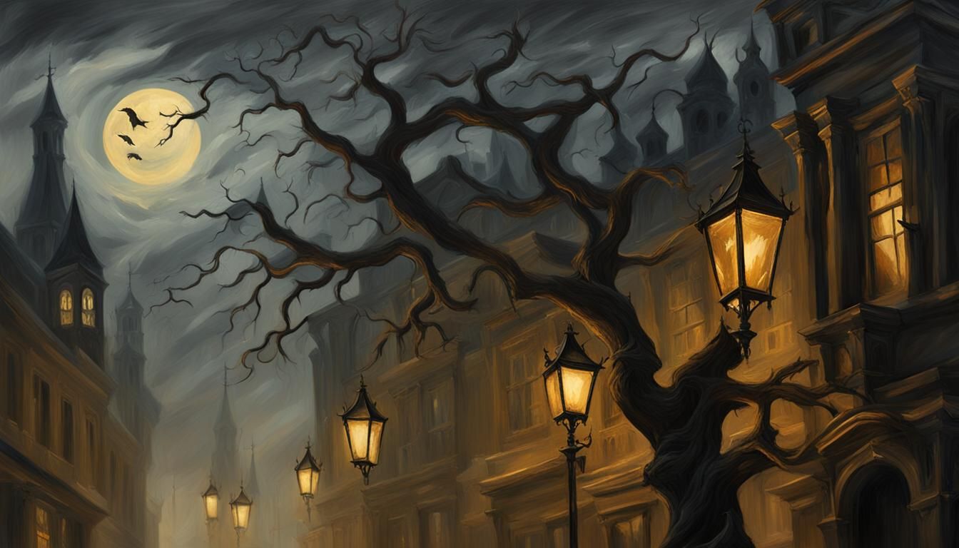 Stormy Autumn Night in London: Dark Fantasy Oil Painting