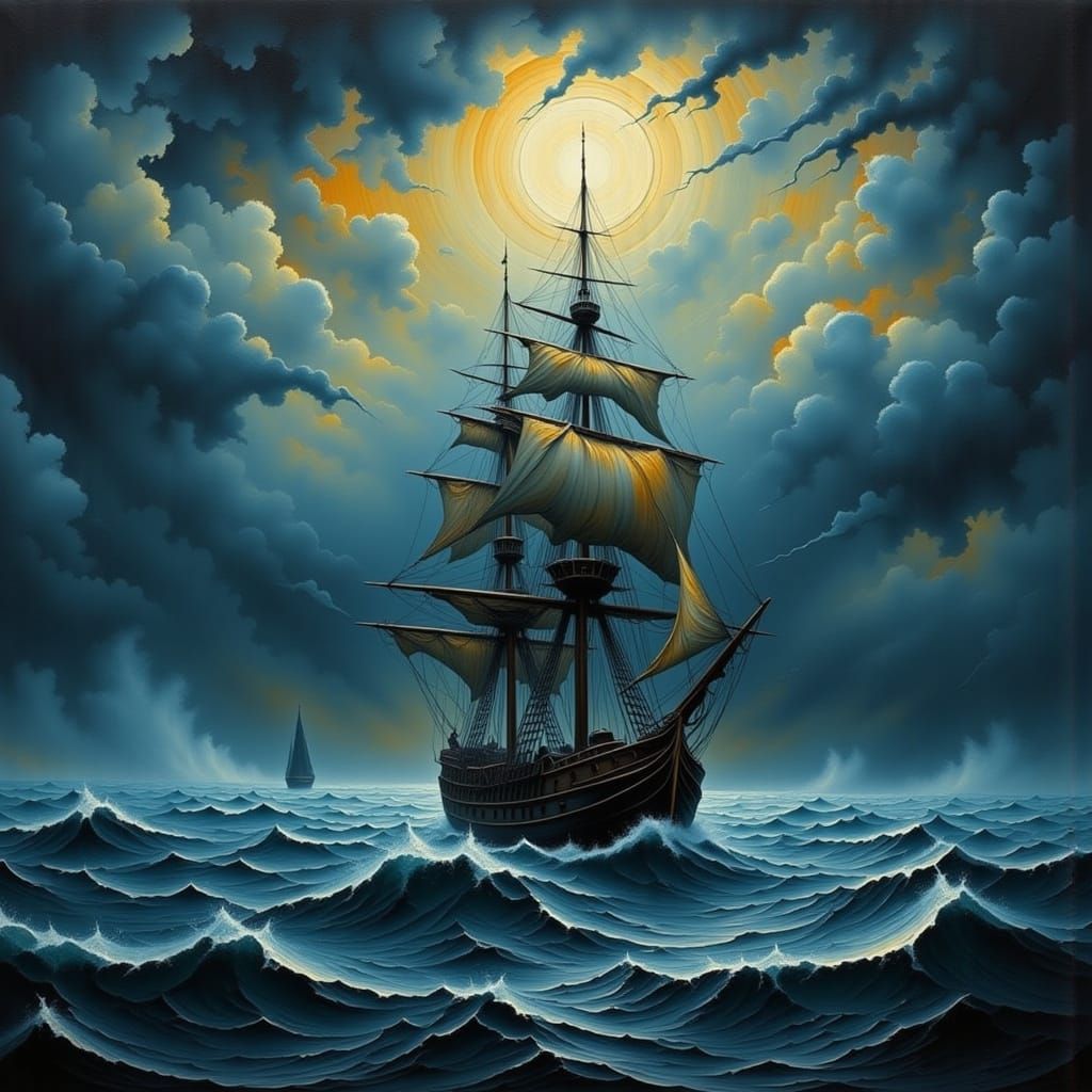 Stormy Seas: Ship with Shredded Sails at Night