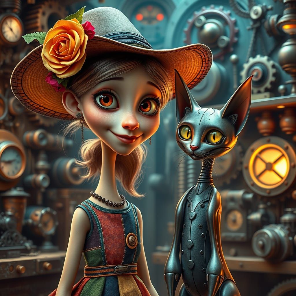 Steampunk Girl and Cat in Whimsical Workshop