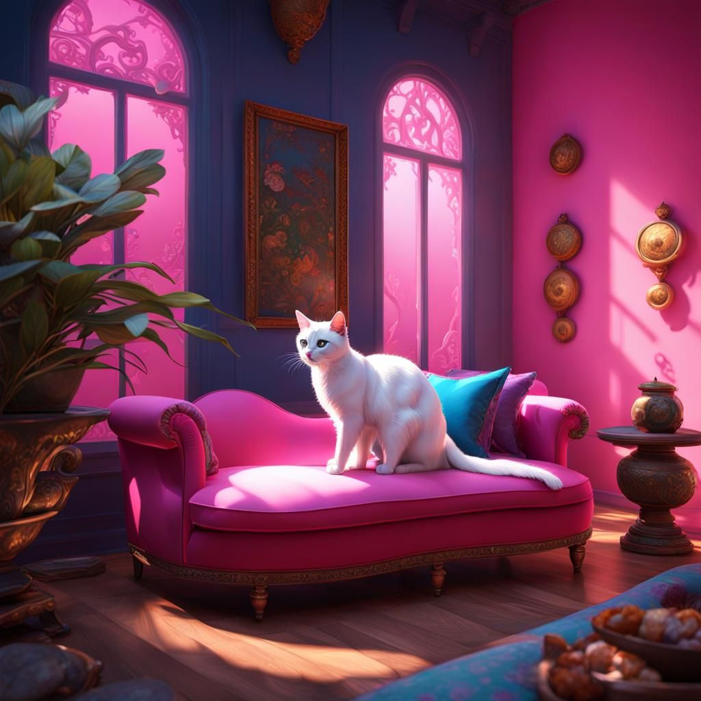 Cat Playing with Fish, Hyperdetailed Art Nouveau Style