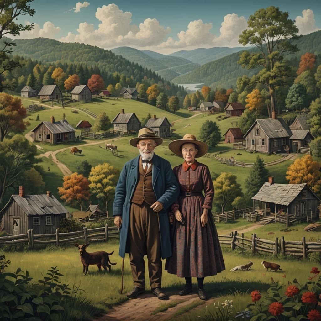 Rustic Folk Art Portrait of Rural Couple