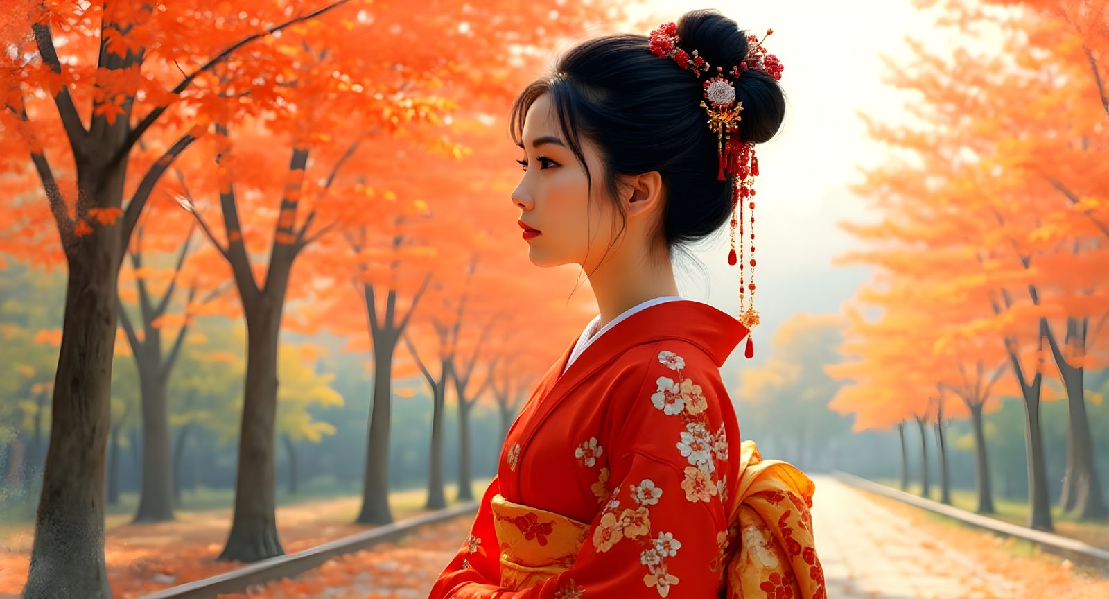 Woman in Red Kimono in Autumn Garden, Watercolor Painting