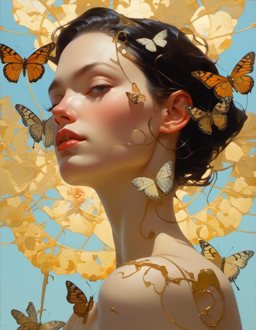 Glass Art Nouveau Portrait with Flowers and Butterflies