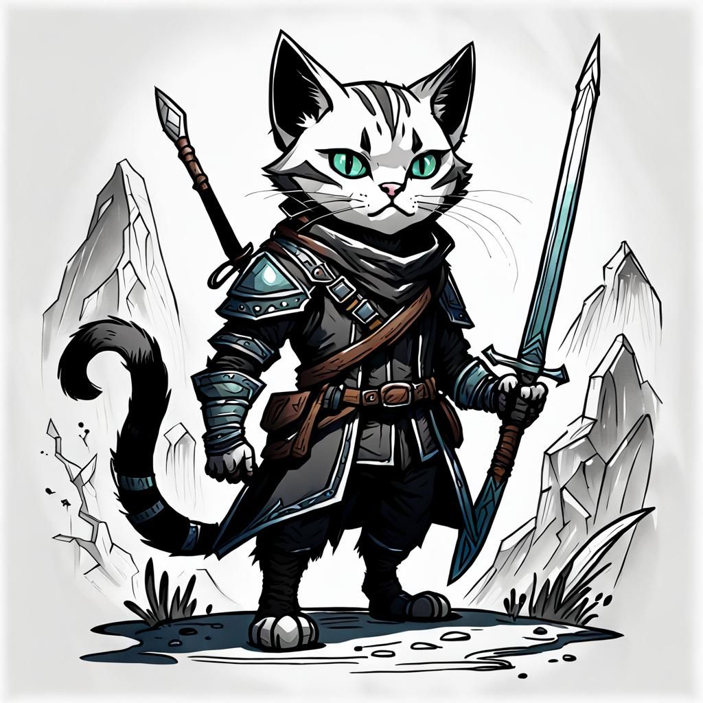 Dark Fantasy Cat Rogue Character Design in Sketchnote Style