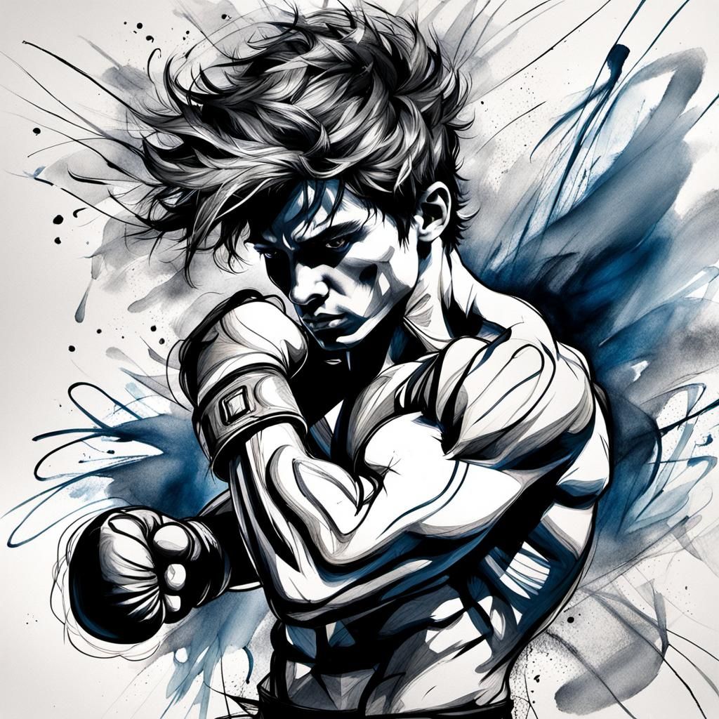 Boy in Boxing Stance: Dynamic Mixed Media Portrait