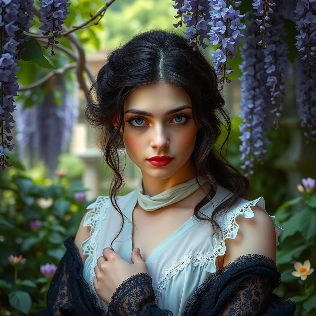 Pensive Woman in Garden: Pre-Raphaelite Style Portrait