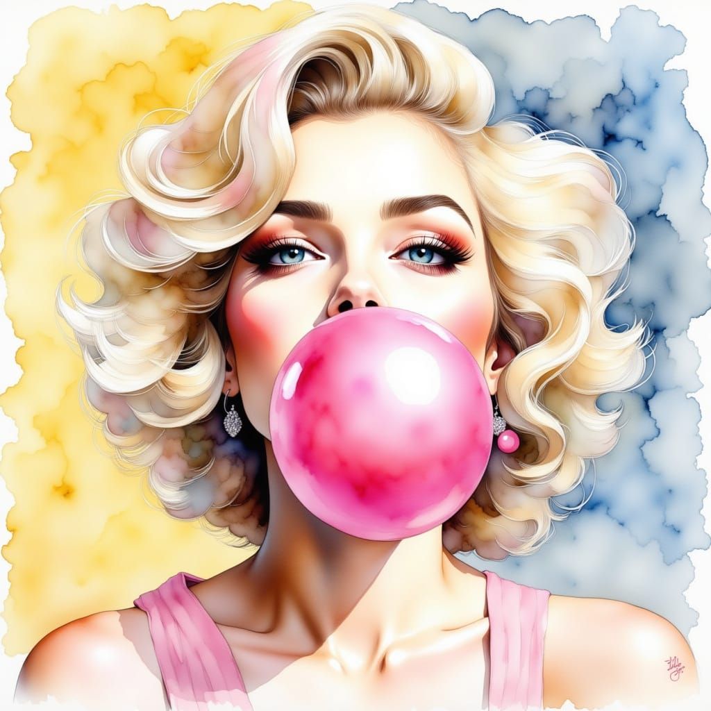 Watercolor Portrait of Woman Blowing Bubble Gum