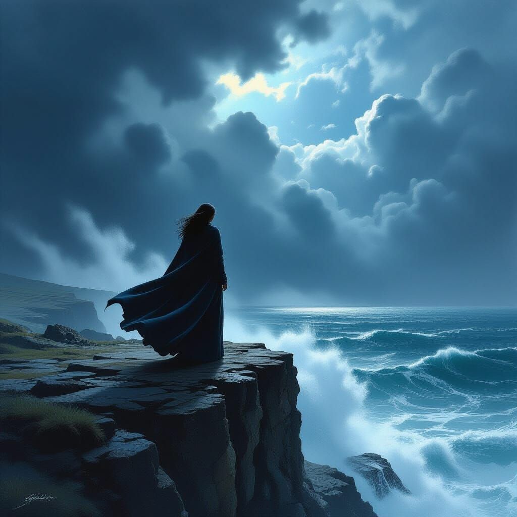 Woman on Cliff Facing Tempestuous Sea