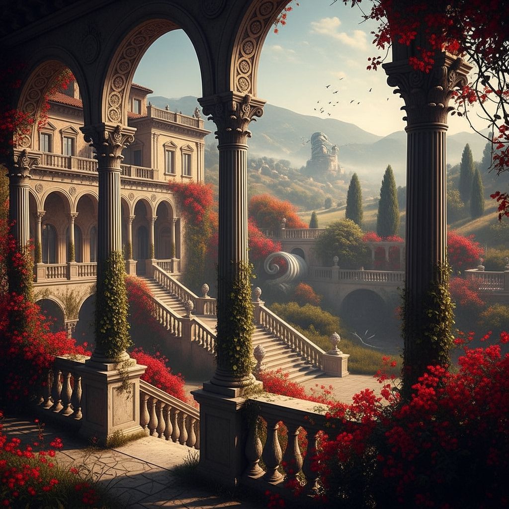Ethereal Tuscan Mansion with Red Flowers in Mist