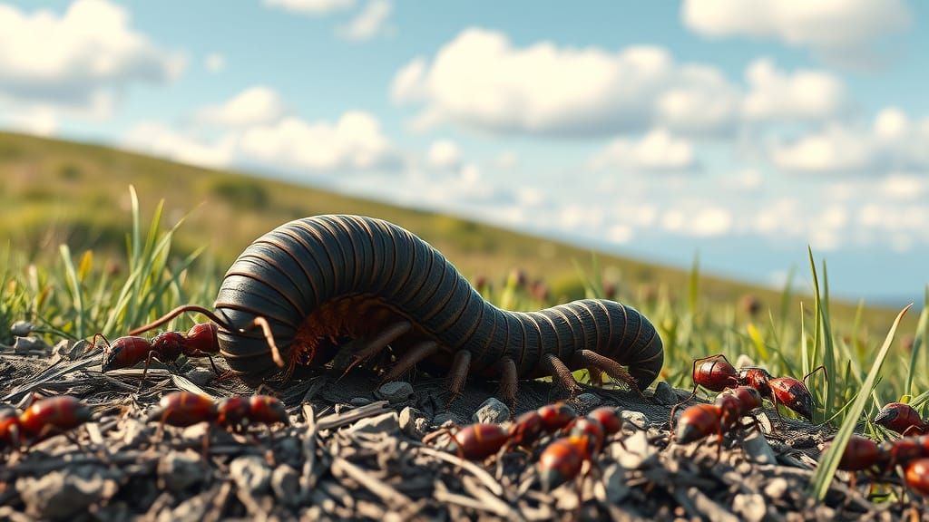Millipede Enters Ant Nest: Photorealistic Detail