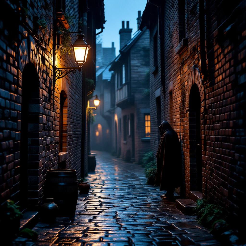 Rainy Medieval Alleyway at Dusk