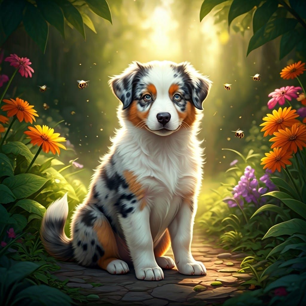 Luminous Fantasy Shepherd Puppy in Vibrant Garden
