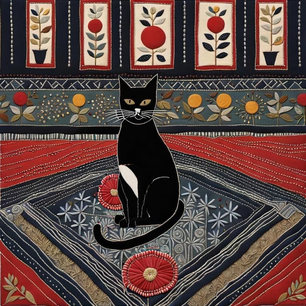 Folk Art Cat in Textile Stitches