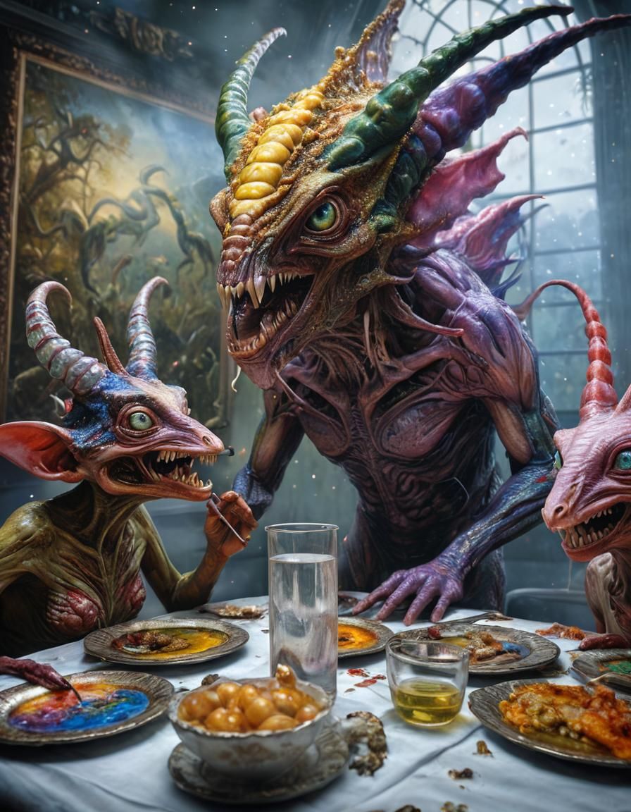 Exotic Alien Creatures in Hyperreal Oil Painting