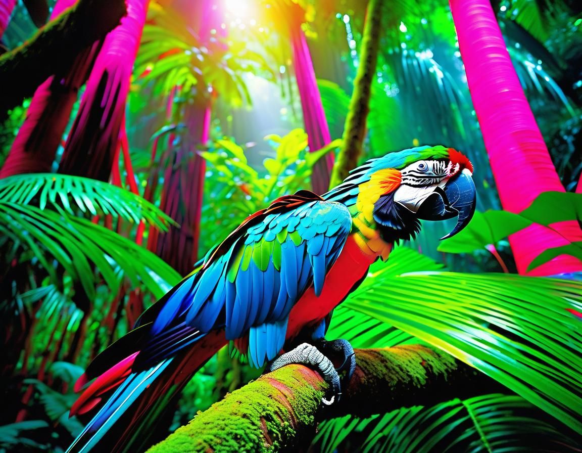 Ethereal Neon Rainforest with Macaw Birds