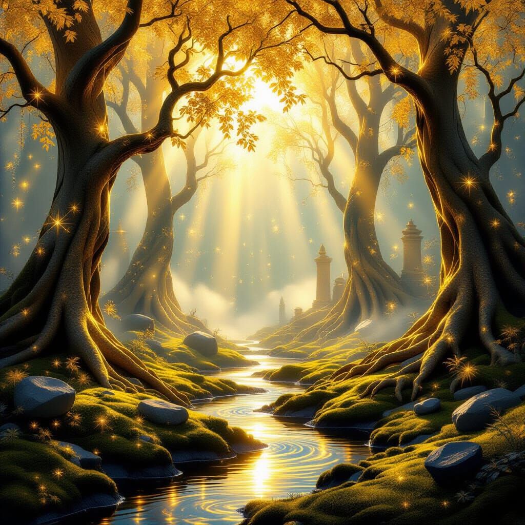 Golden Fantastical Forest in Luminous Light