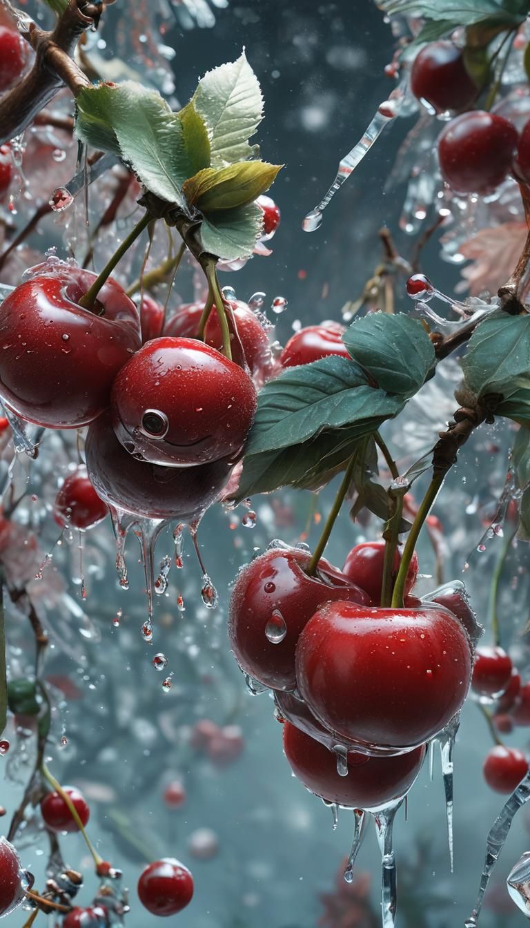 Frozen Cherries with Ice Crystals: Hyperrealistic Digital Ar...