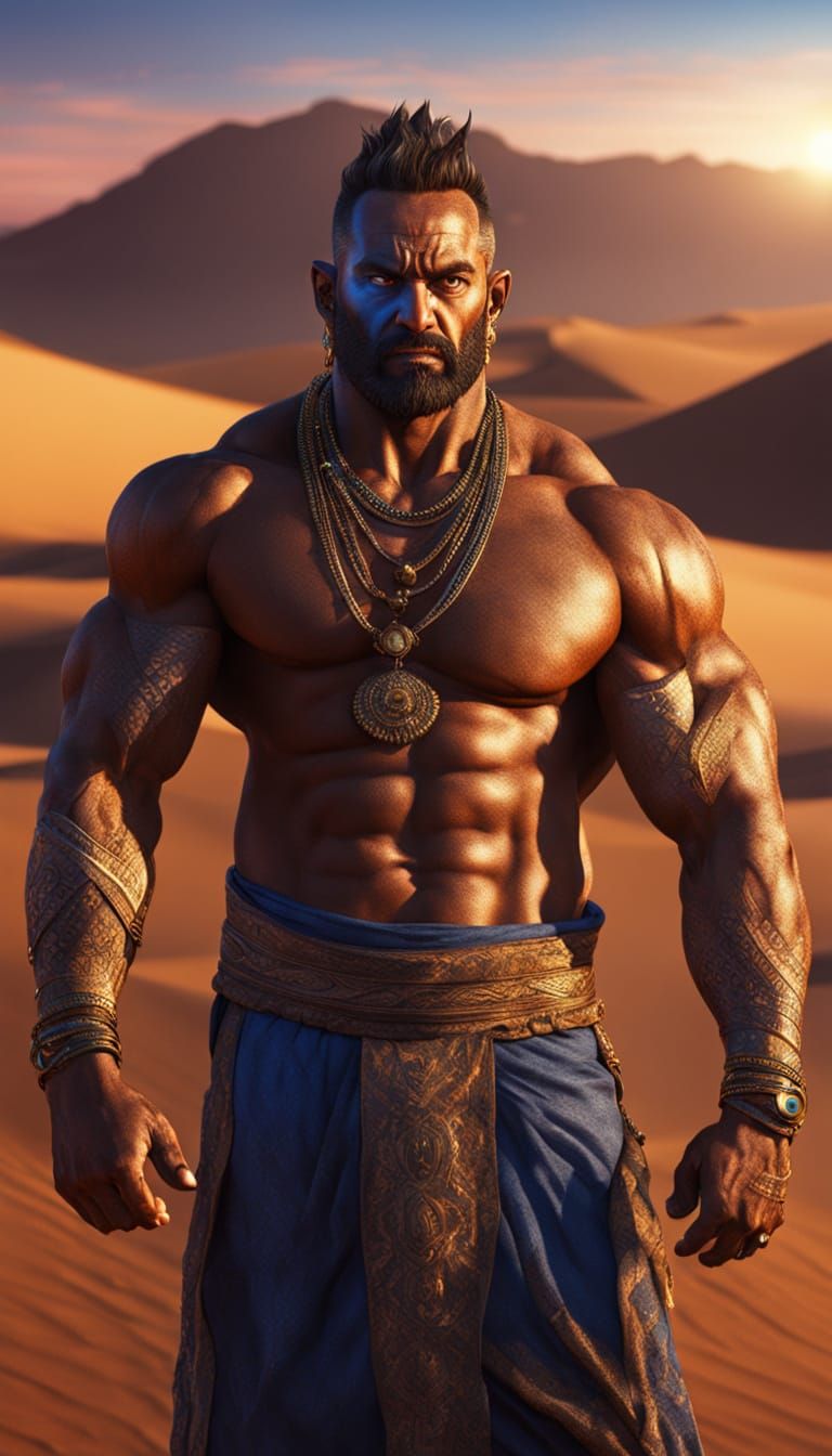 Angry Genie in Desert Sunset: Photorealistic HDR